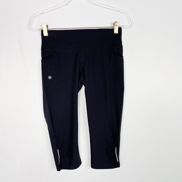 Athleta Black XSmall XS Mesh Textured Crop Capri Leggings Workout Running Pocket - Picture 1 of 11